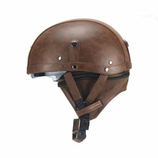 Pu Leather Vintage Size Motorcycle Half Helmet With Sun Visor Detachable Collar