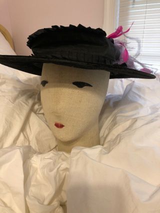 Antique Victorian Black Velvet Hat Lady Women Ostrich Trim Authentic