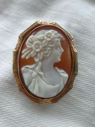 Vintage Edwardian Classical Lady Hand Carved 10k Gold Shell Cameo Pin Pendant