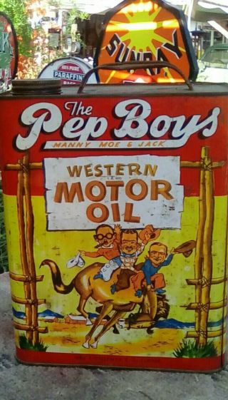 Vintage 2 Gallon Motor Oil Pep Boys Can,  Advertising Sign,  Gas,  Auto Garage