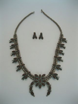 Vintage Penketewa Zuni Silver & Needlepoint Coral Squash Blossom Necklace Set