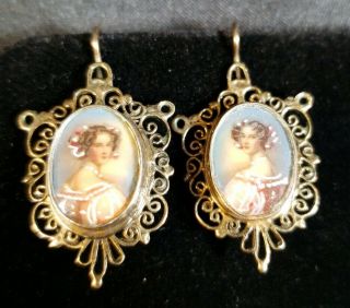 Antique Victorian.  925 Sterling Hand Painted Portrait Cameo Wire Earrings 5.  84g