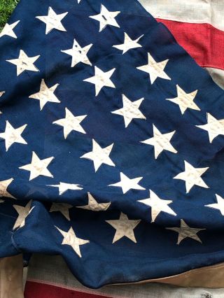 Old Antique 45 Star linen American Flag 8 ft x 4 ft appliqué stars,  vintage 2