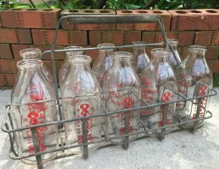 Vintage Milk Bottle Carrier & 10 Quart Bottles Oatman’s Dairy Aurora Illinois