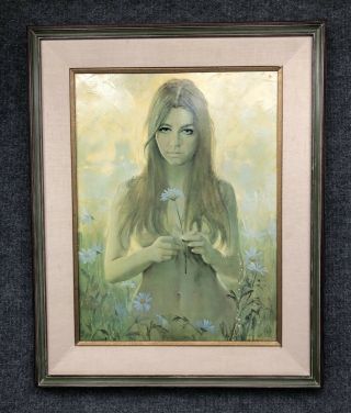 Vintage Mid Century Framed Nude Flower Child On Canvas By Frank M.  Tauriello Euc