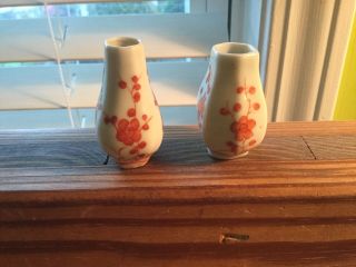 Set of 2 Antique/Vintage Chinese Miniature Vases Orange Coral Porcelain 2