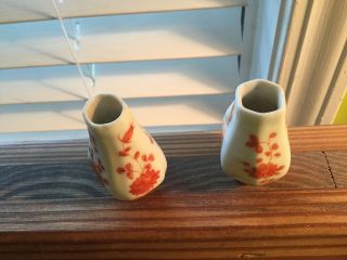 Set of 2 Antique/Vintage Chinese Miniature Vases Orange Coral Porcelain 3