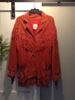 100 Auth Vintage 70s Vakko Red Suede Fringe Coat Jacket Small Neiman Marcus