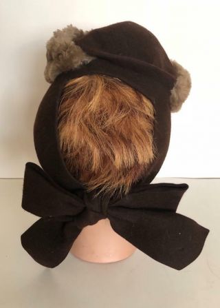 Vintage 1940 ' s Brown Felt Hat With Big Bow in the Back & Chinchilla Fur Trim 22 2