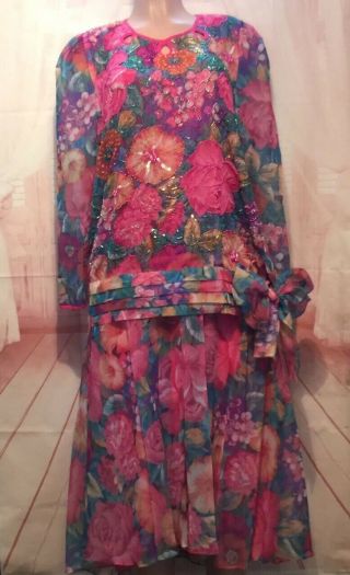 Vintage 80s Diane Freis Red Pink Blue Floral Beaded Top Skirt Nwot Georgette M/l