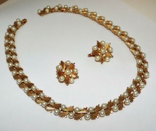 Vintage Signed Crown Trifari Faux Pearl Rhinestone Necklace Earrings Set