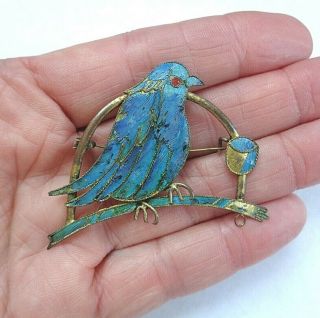 Antiquegold Vermeil Chinese Kingfisher Feather Bird On A Perch Pin