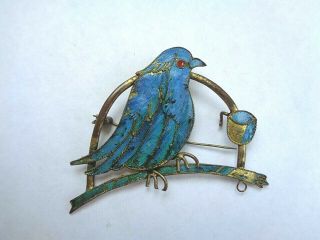 AntiqueGold Vermeil Chinese KINGFISHER Feather Bird on a Perch Pin 2