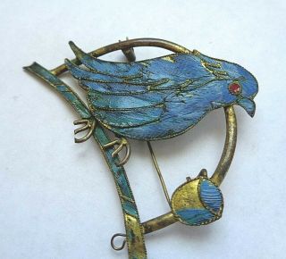 AntiqueGold Vermeil Chinese KINGFISHER Feather Bird on a Perch Pin 3