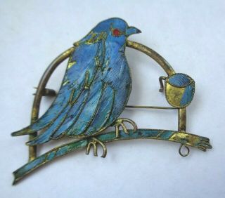 AntiqueGold Vermeil Chinese KINGFISHER Feather Bird on a Perch Pin 4
