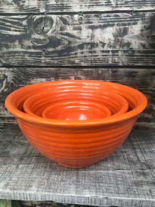 3 Vintage Bauer Pottery Ringware Orange Mixing Nesting Bowls 6 " 8 " 9 "