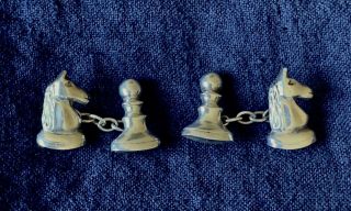 Vintage Sterling Silver English Chess Piece Games Cufflinks,  Knight & Pawn