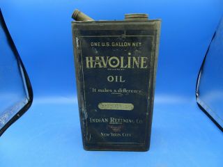 Vintage Early Havoline 1 Gal.  Tin Motor Oil Can Indian Refining Co.