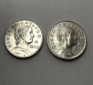 1965 Mexico 5 Centavos Rare Pattern Coin Struck In Copper - Nickel