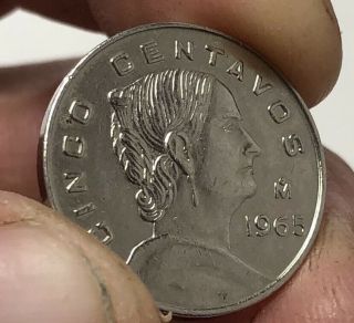 1965 Mexico 5 Centavos Rare Pattern Coin Struck In Copper - Nickel 3