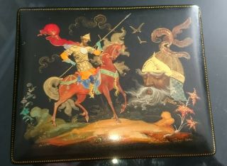 Vintage Russian Lacquer Ed Fairytale Knights Box Signed C.  1964