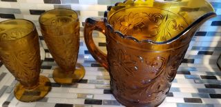 Tiara Amber Sandwich Glass Pitcher & 8 Piece Footed Glass / Goblet Set / Vintage