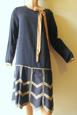 Vintage 1920s - 30s Art Deco Navy Blue Dress W/gold Emb.  Trim B = 40 - 42 "