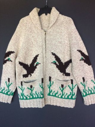 Vintage Big Lebowski Dude Cardigan Full Zip Wool Sweater Jacket Mens Large Ducks