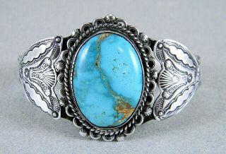 Vintage Navajo Old Pawn Stamped Sterling Silver Royston Turquoise Cuff Bracelet