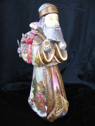 Vintage Russian Hand Carved And Painted Santa 10 3/8 " Tall Signed