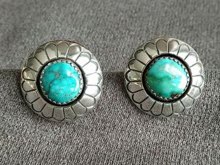 Vtg Navajo Concho Shadowbox Turquoise & Sterling Silver Earrings Tommy Jackson