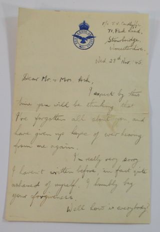 Wwii Hand Written Note From Raf Serviceman Worcestershire End Of War 1945