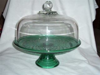 Vintage Wexford Anchor Hocking Green Glass Cake Plate Org Clear Dome Punch Bowl