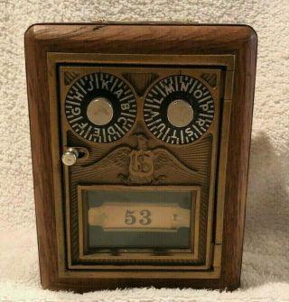 Vintage Post Office Box Wooden Coin Bank With Locking 2 - Dial Combination