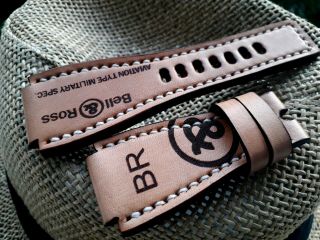 24mm Vintage Handmade Leather Watch Strap,  Army,  Bell & Ross Logo,  Tan
