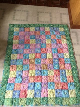 Home Made Tied Vintage Baby Quilt Blanket 70s 80s Multi Color Gingham Patchwork