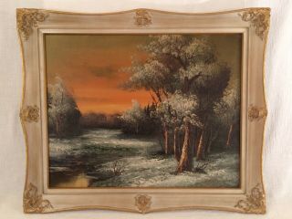 Vintage Framed Sunset Landscape Oil Painting River Trees Stream Retro