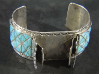 Vtg Navajo Turquoise Inlay Sterling Silver 1 - 1/8” Wide Wristwatch Bracelet