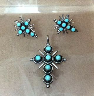 Vtg Zuni Signed June Crud Sterling Petit Point Turquoise Pendant Earrings Set