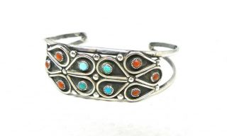 Vintage Navajo Sterling Silver Turquoise Coral Snake Eye Cuff Bracelet Signed