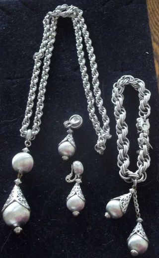 Monet Vintage Necklace Earrings Bracelet Iconic Silver Fancy Link Chain Pendants
