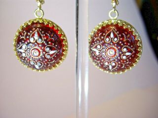 Antique Ruby Glass Cabochon Earrings With Gold Filled Settings