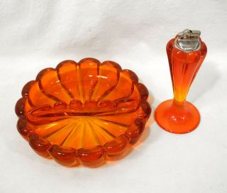 Vtg Viking Glass Mid Century Modern Orange Persimmon Lighter,  Ashtray Amberina