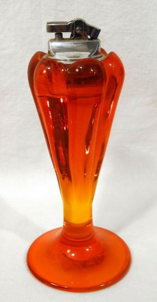 Vtg Viking Glass Mid Century Modern Orange Persimmon Lighter,  Ashtray Amberina 2