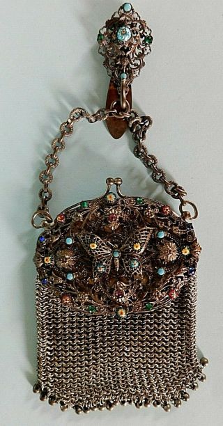 Antique Bejeweled And Enamelled Chainmail Mesh Chatelaine Purse With Mirror Lid