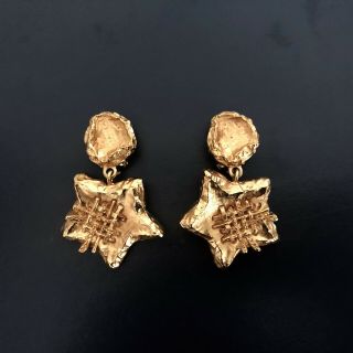 Christian Lacroix Vintage Clip On Earrings Gold Tone Dangling Star 1990s