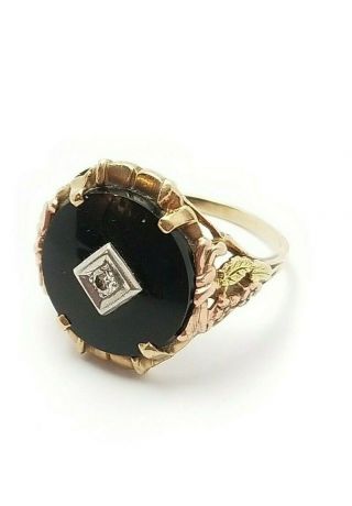 Victorian 10k Solid Yellow Pink & Green Gold Onyx Diamond Ring,  4.  25 G,  Size 8