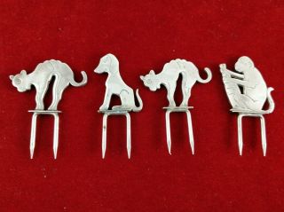 Rare Vintage Wmf Silverplate Figural Animals Corn Cob Holders - Dog Monkey Cats