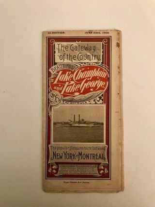 Vtg Rare 1902 Ny And Montreal Steamboat Rail Schedule Map Lake Champlain & Georg