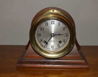 RARE CHELSEA SHIP ' S BELL BRASS CASE CLOCK W/MAHOGANY STAND - KEY WIND 6